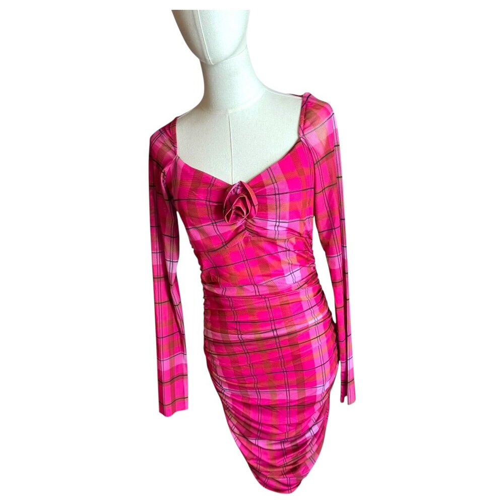 Chelsea & Violet Pink Plaid Rose Detail Long Sleeve Mesh Dress Size M | NWT